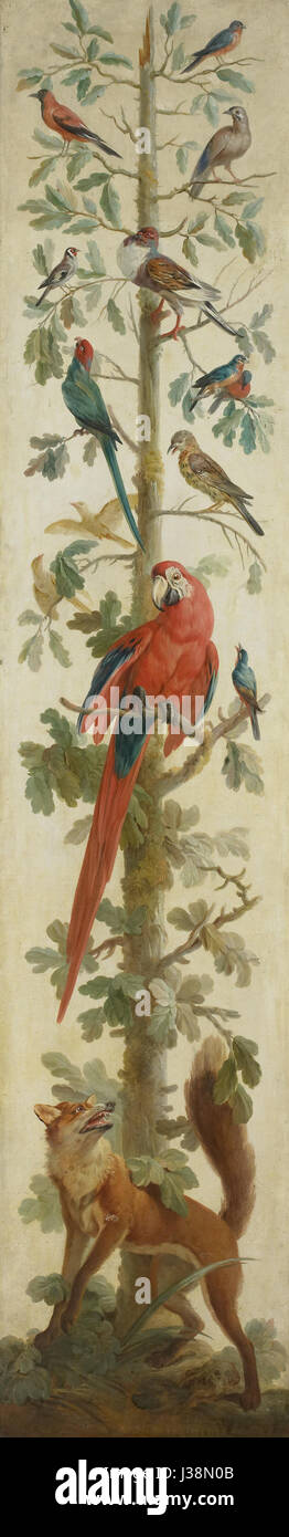 Dieses Kunstwerk befindet sich im Rijksmuseum und zeigt dekorative Gemälde mit Pflanzen und Tieren. Es zeigt die komplizierten Details der Flora und Fauna, die auf die künstlerischen Stile der damaligen Zeit hinweisen. Stockfoto