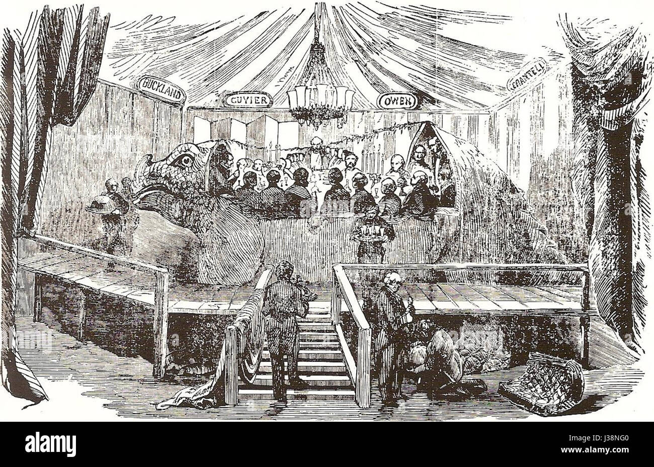 Der Crystal Palace Iguanodon ist ein berühmtes Dinosauriermodell, das 1851 für die große Ausstellung in London geschaffen wurde. Es war eine der ersten Rekonstruktionen eines prähistorischen Dinosauriers und wurde im Crystal Palace Park als Teil der Ausstellung aufgestellt, um wissenschaftliche Entdeckungen dieser Zeit zu zeigen. Stockfoto