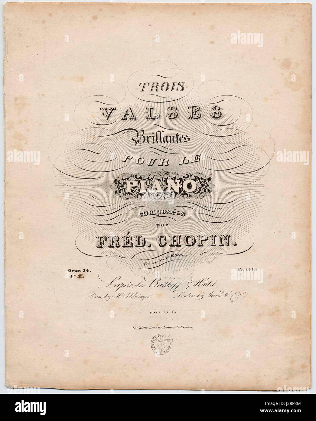 Chopin 34 (Breitkopf) bezieht sich auf ein musikalisches Werk von Frederic Chopin, insbesondere eine seiner bemerkenswerten Kompositionen. Dieses Stück veranschaulicht Chopins romantischen Stil und sein technisches Können in der Klavierkomposition. Stockfoto