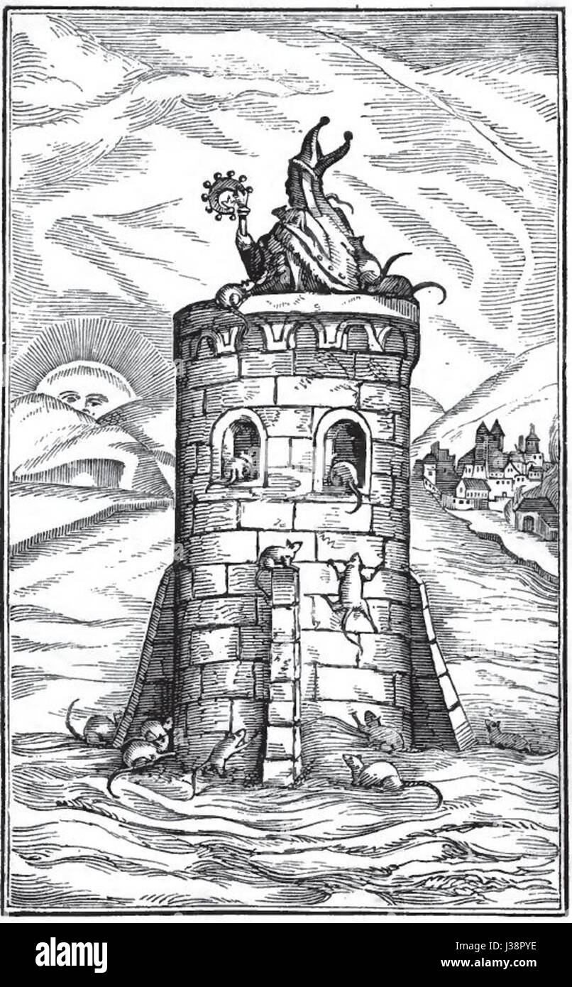 „Curious Myths“ ist eine Sammlung von Folklore und Legenden. Seite 450 beschreibt die Legende von Bischof Hatto, eine Geschichte von Verrat und poetischer Gerechtigkeit. Stockfoto