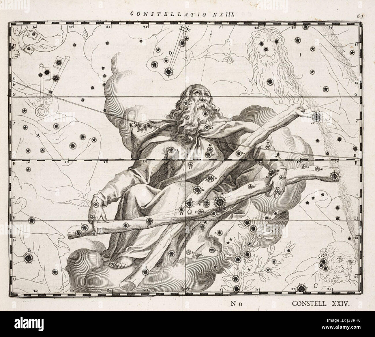 Coelum stellatum Christianum 2 ist eine Himmelskarte, die Sternbilder aus christlicher Perspektive veranschaulicht. Es wurde geschaffen, um die Positionierung und Benennung von Sternen im christlichen Kontext zu reflektieren und eine einzigartige Interpretation des Nachthimmels zu bieten. Stockfoto