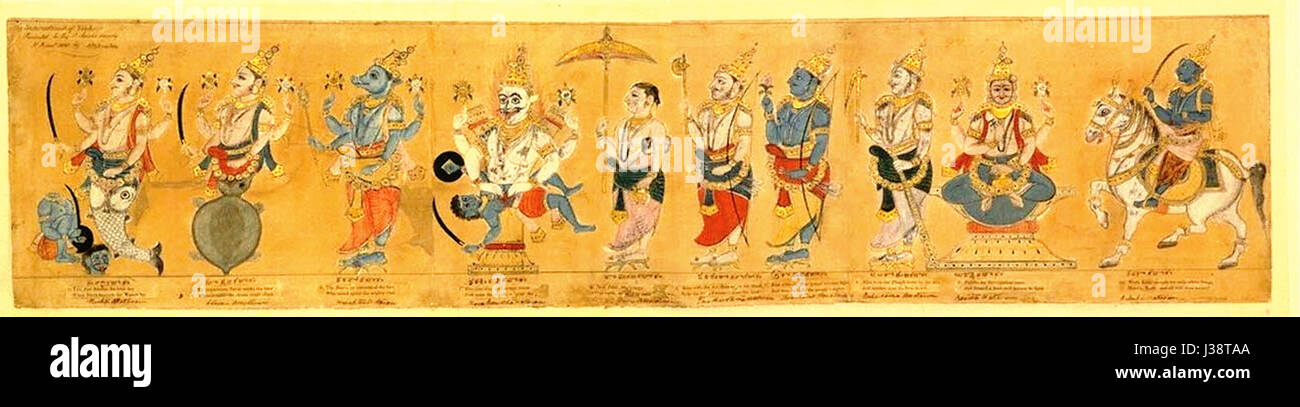 „Dasavatar“ bezieht sich auf die Darstellung der zehn Avatare des hinduistischen Gottes Vishnu aus dem 19. Jahrhundert. Das Kunstwerk veranschaulicht diese Inkarnationen und ihre Bedeutung in der hinduistischen Mythologie. Stockfoto