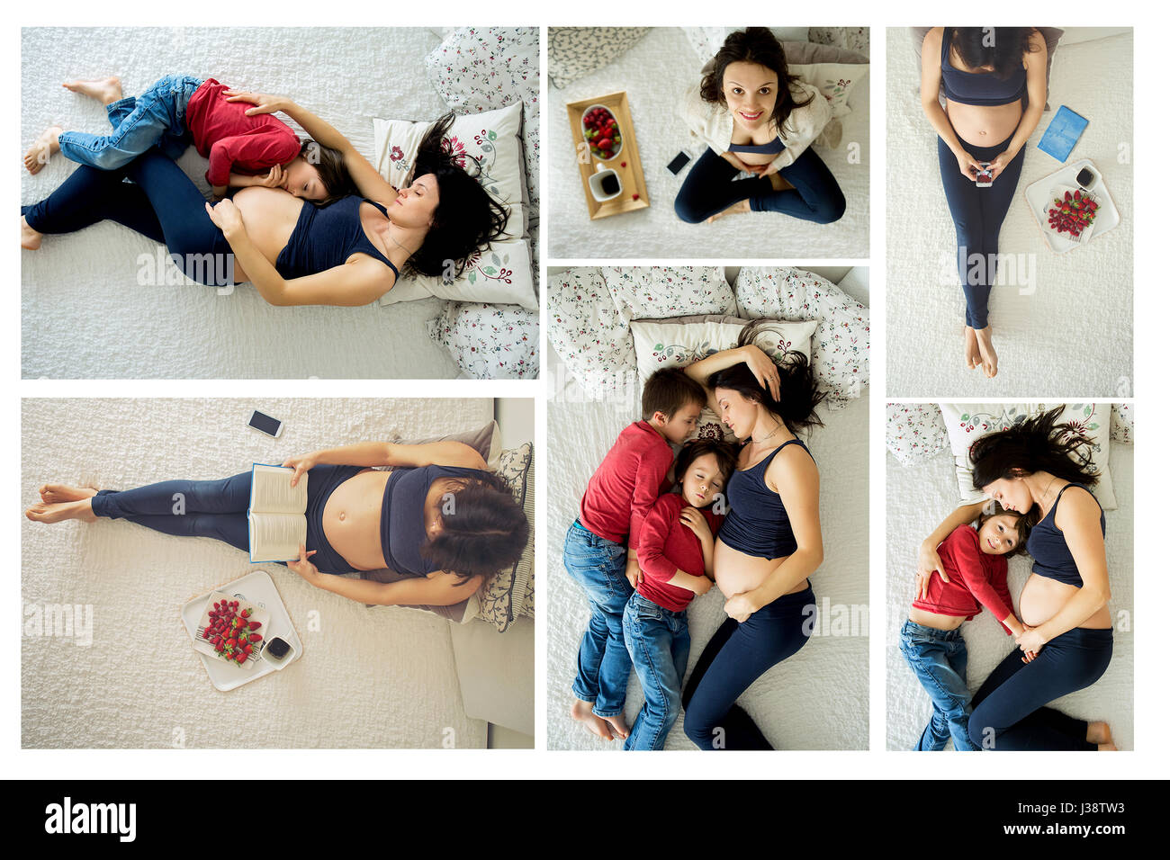Collage aus Fotos von schwangeren Frauen, liegend im Bett mit ihren Kindern, mit Smartphone, Buch, Kaffee und Früchte, Mutterschaft Konzept Stockfoto