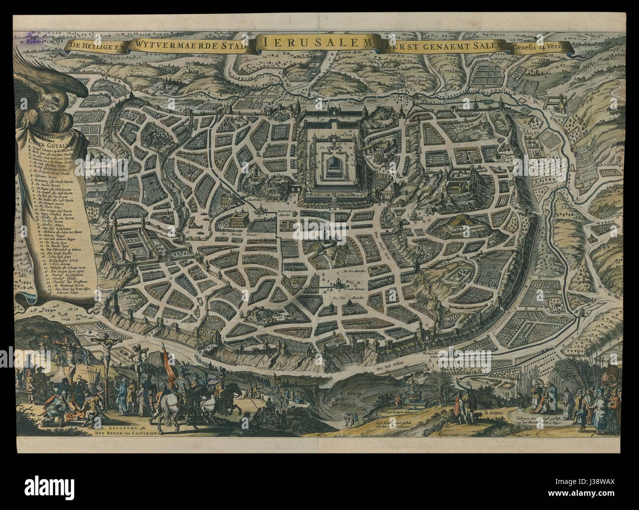 Dieses Werk mit dem Titel *de Heylige en wytvermaerde stadt Ierusalem* (die heilige und renommierte Stadt Jerusalem), illustriert von C.J. Visscher, reflektiert die biblische Geschichte Jerusalems und verweist auf Genesis 14:18 und seine Ursprünge als Salem. Das Stück stellt einen historischen und religiösen Kontext der Stadt dar. Stockfoto