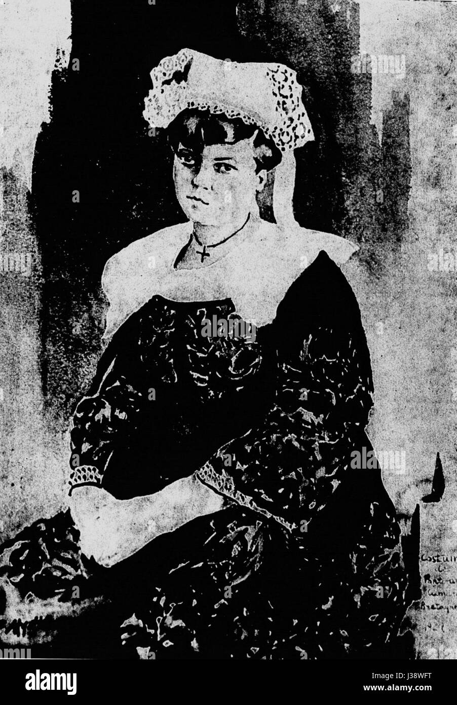 „Kostüm de Pont Aven“ bezieht sich auf traditionelle Kleidung, die in der Stadt Pont-Aven in der Bretagne getragen wird. Bekannt für seine künstlerische Geschichte, insbesondere die Werke der Pont-Aven Schule, repräsentiert das Kostüm das kulturelle Erbe und die regionale Identität dieser französischen Stadt. Stockfoto