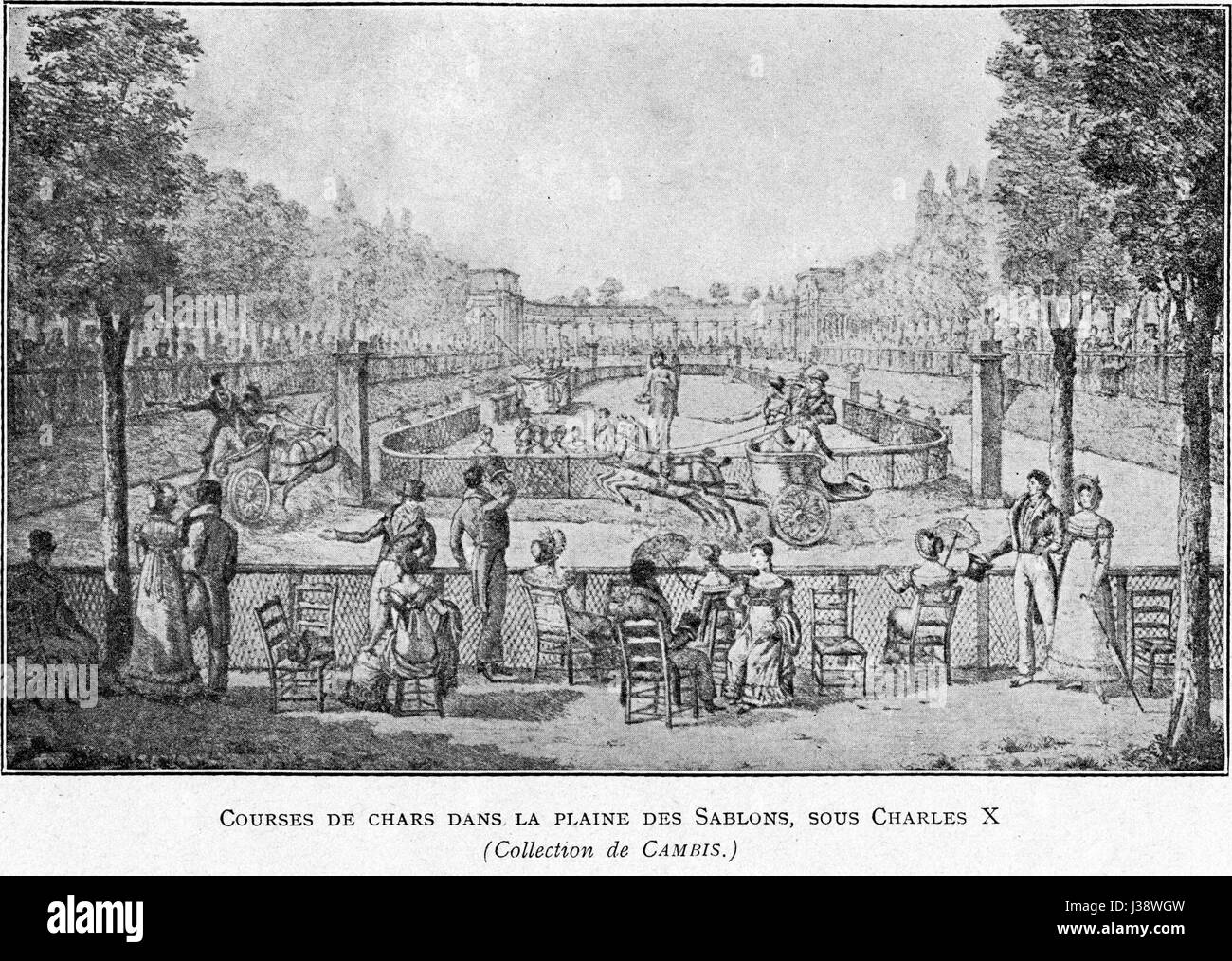 Corbel030 bezieht sich auf ein Kunstwerk, das Wagenrassen in der Ebene der Sablonen während der Herrschaft von Karl X. von Frankreich darstellt. Das Kunstwerk zeigt die historische Szene von Pferdewagen in einem öffentlichen Spektakel. Stockfoto