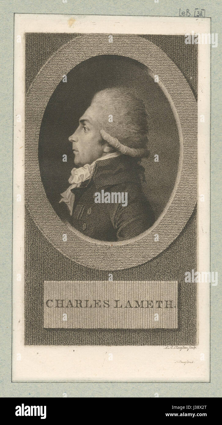 Charles Lameth war ein französischer Offizier und Politiker während der Französischen Revolution. Bekannt für sein Engagement in der revolutionären Politik, spielte er eine bedeutende Rolle in den frühen Jahren der Revolution. Stockfoto