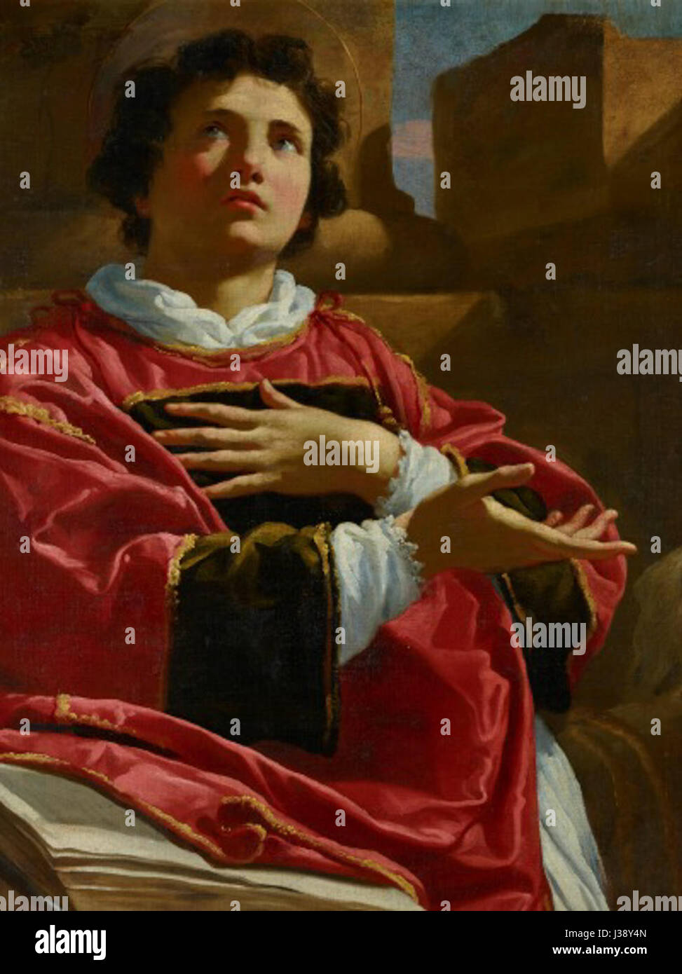 Charles Mellin war ein französischer Barockmaler. Sein Werk „San Esteban“ zeigt das Martyrium des Heiligen Stephan, mit reichen barocken Details und dramatischer Verwendung von Licht und Schatten, um die emotionale Wirkung der Szene zu verstärken. Stockfoto