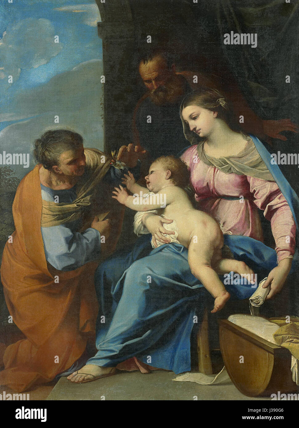 De Heilige Familie ist ein Kunstwerk im Rijksmuseum, das die Heilige Familie in einer religiösen Szene darstellt. Das Stück ist Teil der Sammlung religiöser Kunst aus der Renaissance oder dem Barock. Stockfoto