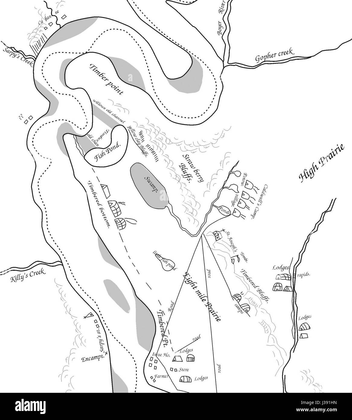 De Smet, das sich in der Nähe von Council Bluffs, Iowa, befand, war eine bemerkenswerte Siedlung während der Expansion nach Westen. Sie diente als Schlüsselpunkt für die frühen Pioniere, die im 19. Jahrhundert nach Westen reisten. Stockfoto
