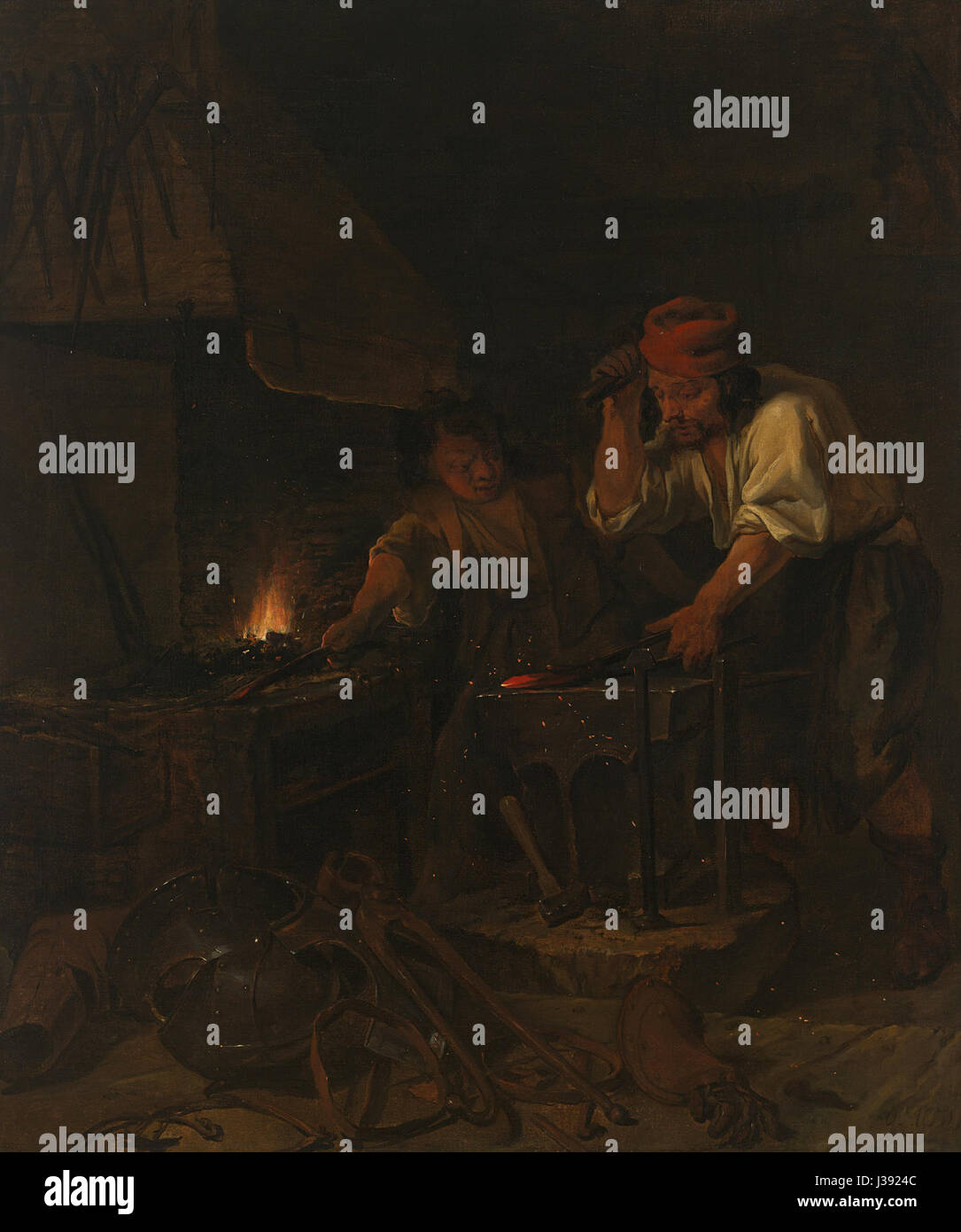 Dieses Gemälde aus dem 17. Jahrhundert mit dem Titel „de wapensmid“ befindet sich im Rijksmuseum und wurde von einem unbekannten Künstler geschaffen. Es zeigt einen Waffenschmied, der handwerkliches Können und die Bedeutung der Metallverarbeitung während dieser Zeit zeigt. Das Gemälde spiegelt das künstlerische und industrielle Erbe der Zeit wider. Stockfoto