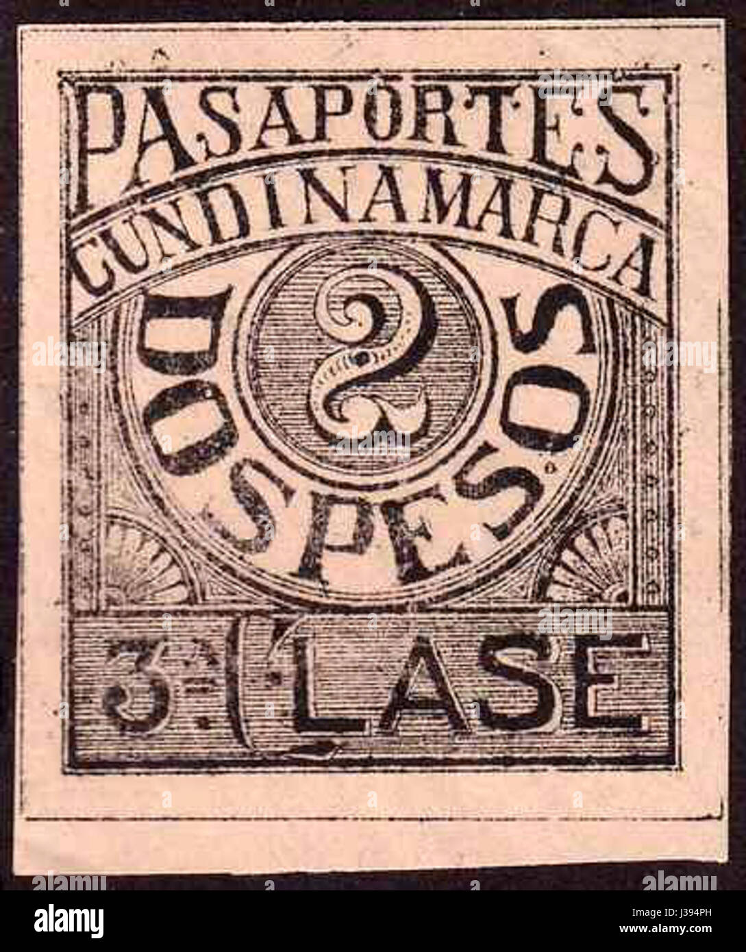 Dieser Reisepassstempel aus Cundinamarca, Kolumbien von 1899, stellt eine historische Form der Reisedokumentation dar, insbesondere für Reisende der dritten Klasse im späten 19. Jahrhundert. Der Stempel würde die damalige Verwaltungspraxis widerspiegeln. Stockfoto
