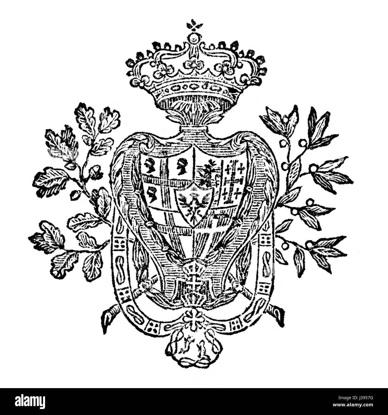 Das Wappen des Königreichs Sardinien mit Elementen, die symbolisch für die Geschichte und das königliche Erbe der Region sind. Das Design repräsentiert die Monarchie und regionale Identität. Stockfoto