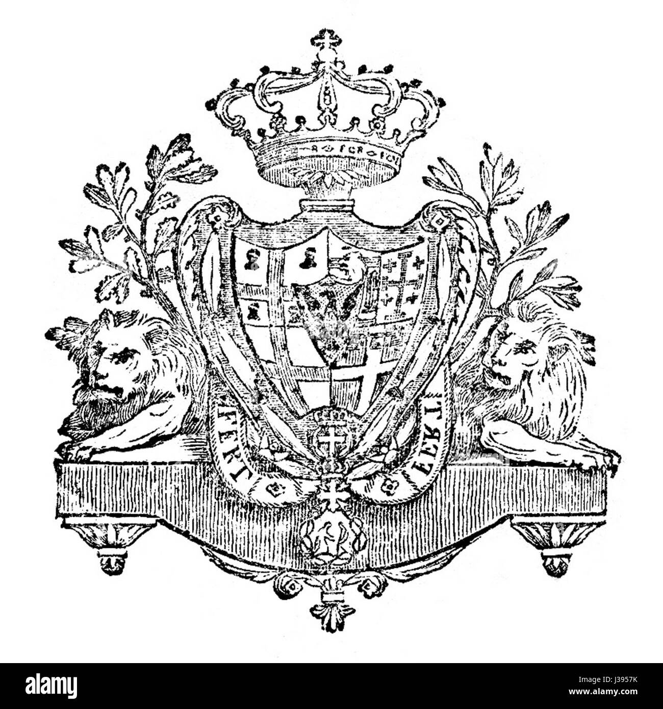 Das Wappen des Königreichs Sardinien stellt das Wappen des historischen Königreichs dar. Es verfügt über ein komplexes Design, das verschiedene Elemente enthält, die die königliche Linie des Königreichs, die regionale Bedeutung und sein Erbe in der europäischen Geschichte widerspiegeln. Stockfoto