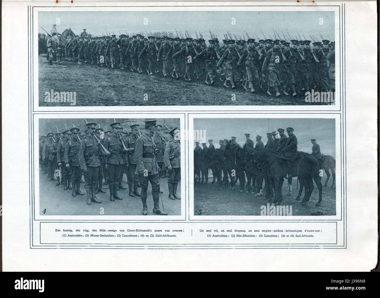 De Oorlog in Beeld ist eine niederländische Publikation aus dem Juli 1917, die eine visuelle Aufzeichnung des Ersten Weltkriegs präsentiert. Diese Seite bietet eine fotografische Dokumentation der bedeutenden Ereignisse des Krieges während dieser Zeit. Stockfoto