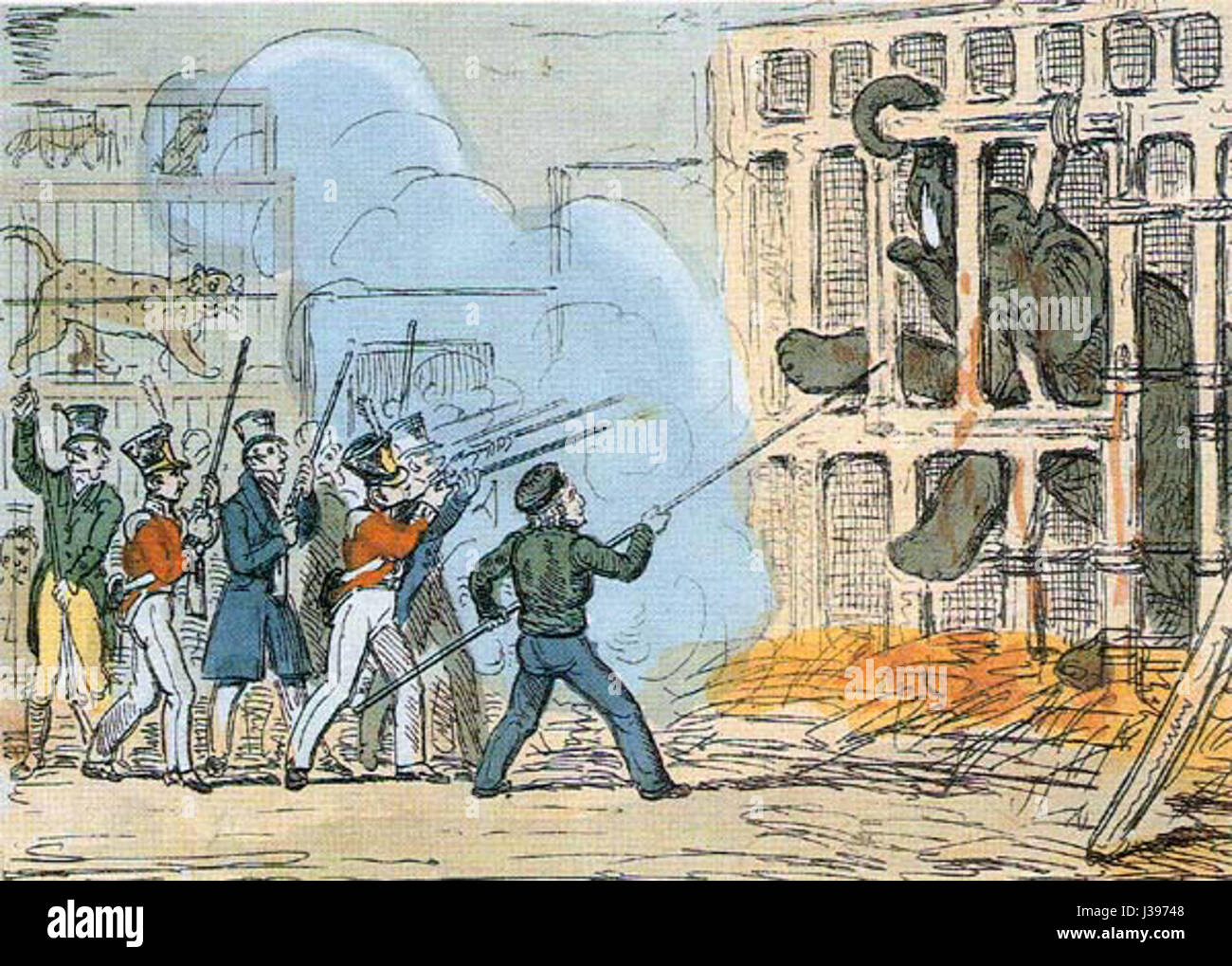 Chunee bezieht sich auf einen Elefanten, der 1826 an einem tragischen Vorfall an der Exeter Exchange in London beteiligt war. Es wurde im 19. Jahrhundert zu einem Symbol für die Misshandlung von Tieren und machte die Aufmerksamkeit auf die ethischen Bedenken rund um die Gefangenschaft und die Ausbeutung von Tieren. Stockfoto