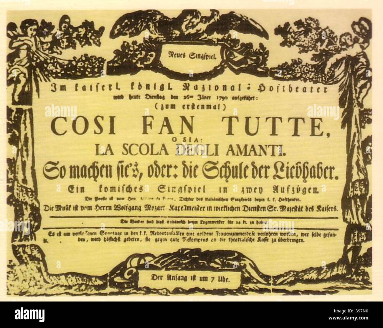 Die Eröffnungsaufführung von Mozarts Oper „cosÃ¬ Fan tutte“ im Jahr 1790, in der Themen Liebe und Treue thematisiert wurden. Stockfoto