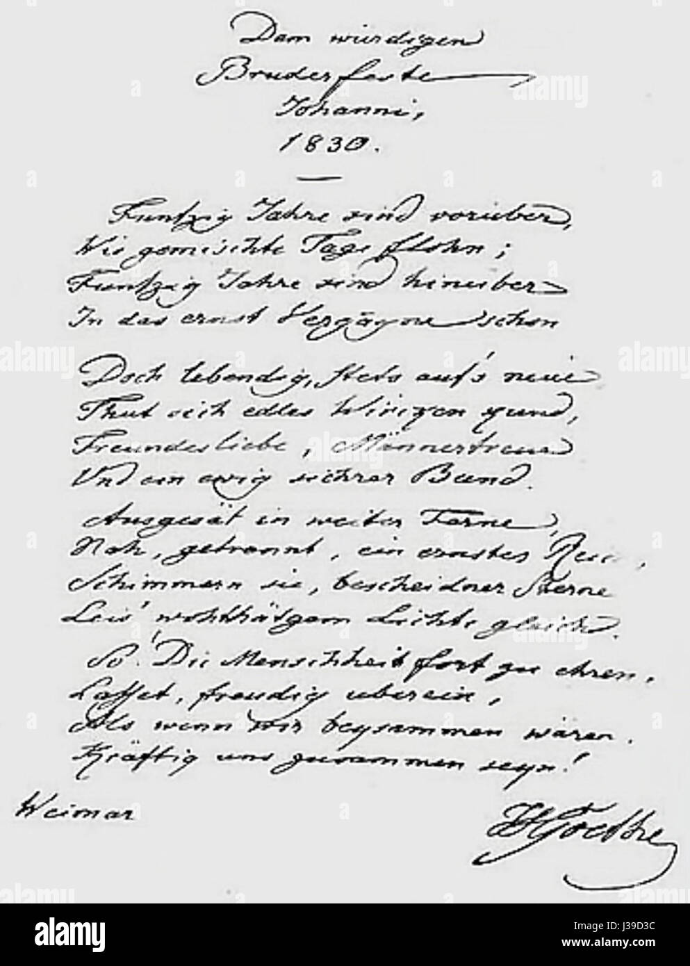 Dieser Kupferstich „Danksagung Goethe an Loge Amalia zu Weimar 1830“ zeigt den deutschen Schriftsteller Johann Wolfgang von Goethe, der Amalia, einer prominenten Mäzentin in Weimar, Dankbarkeit ausdrückt und einen wichtigen kulturellen Moment im Deutschland des 19. Jahrhunderts darstellt. Stockfoto