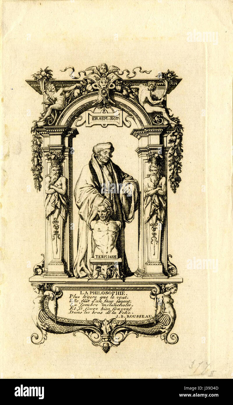 „Das Lob der Narrheit“ von Desiderius Erasmus, erstmals 1511 veröffentlicht und später 1781 übersetzt, kritisiert gesellschaftliche Normen und menschliche Torheit durch Satire. Es bleibt ein einflussreiches Werk in der westlichen Literatur und bietet einen scharfen Kommentar zum intellektuellen und religiösen Klima seiner Zeit. Stockfoto