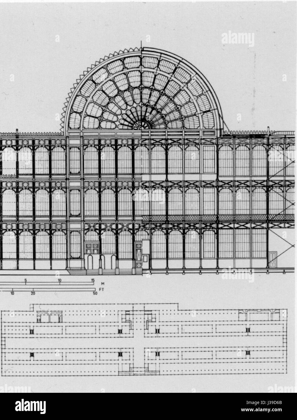 Der Crystal Palace war ein architektonisches Wunderwerk, das Joseph Paxton für die große Ausstellung 1851 in London entwarf. Der Plan zeigt sein innovatives Design und seine Ingenieurskunst und symbolisiert den industriellen Fortschritt aus der viktorianischen Zeit. Stockfoto