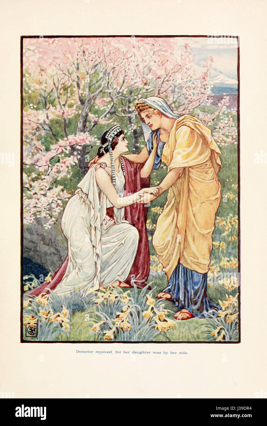 Diese Referenz zeigt den mythologischen Moment, in dem Demeter, die Göttin der Ernte, mit ihrer Tochter Persephone wieder vereint wird. Die Bildsprache ist Teil des antiken griechischen Saisonmythos. Stockfoto Diese Referenz zeigt den mythologischen Moment, in dem Demeter, die Göttin der Ernte, mit ihrer Tochter Persephone wieder vereint wird. Die Bildsprache ist Teil des antiken griechischen Saisonmythos. Stockfoto