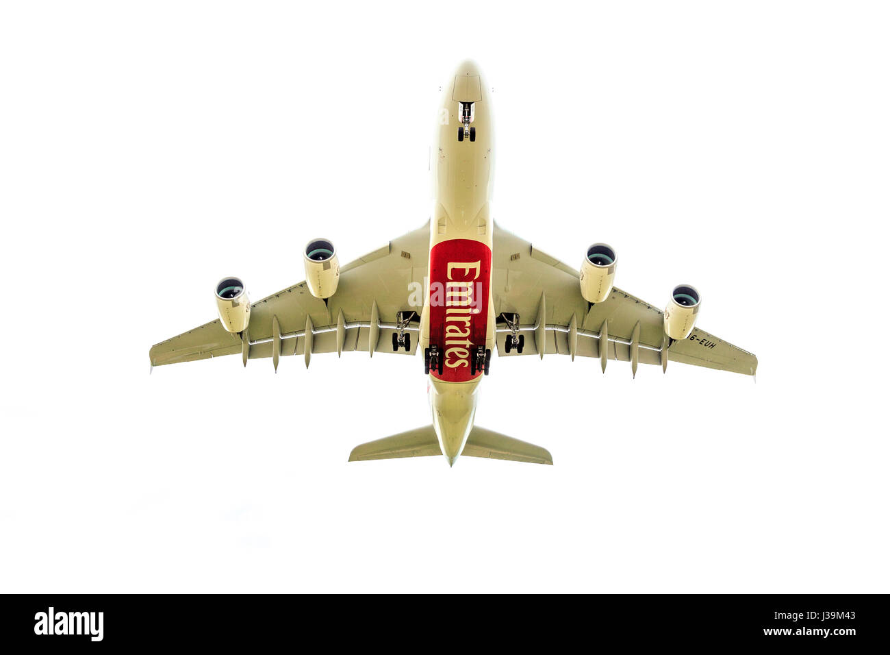 Emirates Airbus A380 im Endanflug auf den Flughafen CHC, Christchurch, Südinsel, Neuseeland Stockfoto