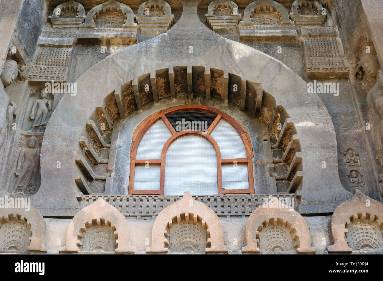 Detaik der Fassade buddhistischer Felsentempel in Ajanta, Maharashtra, Indien (Unesco) Stockfoto