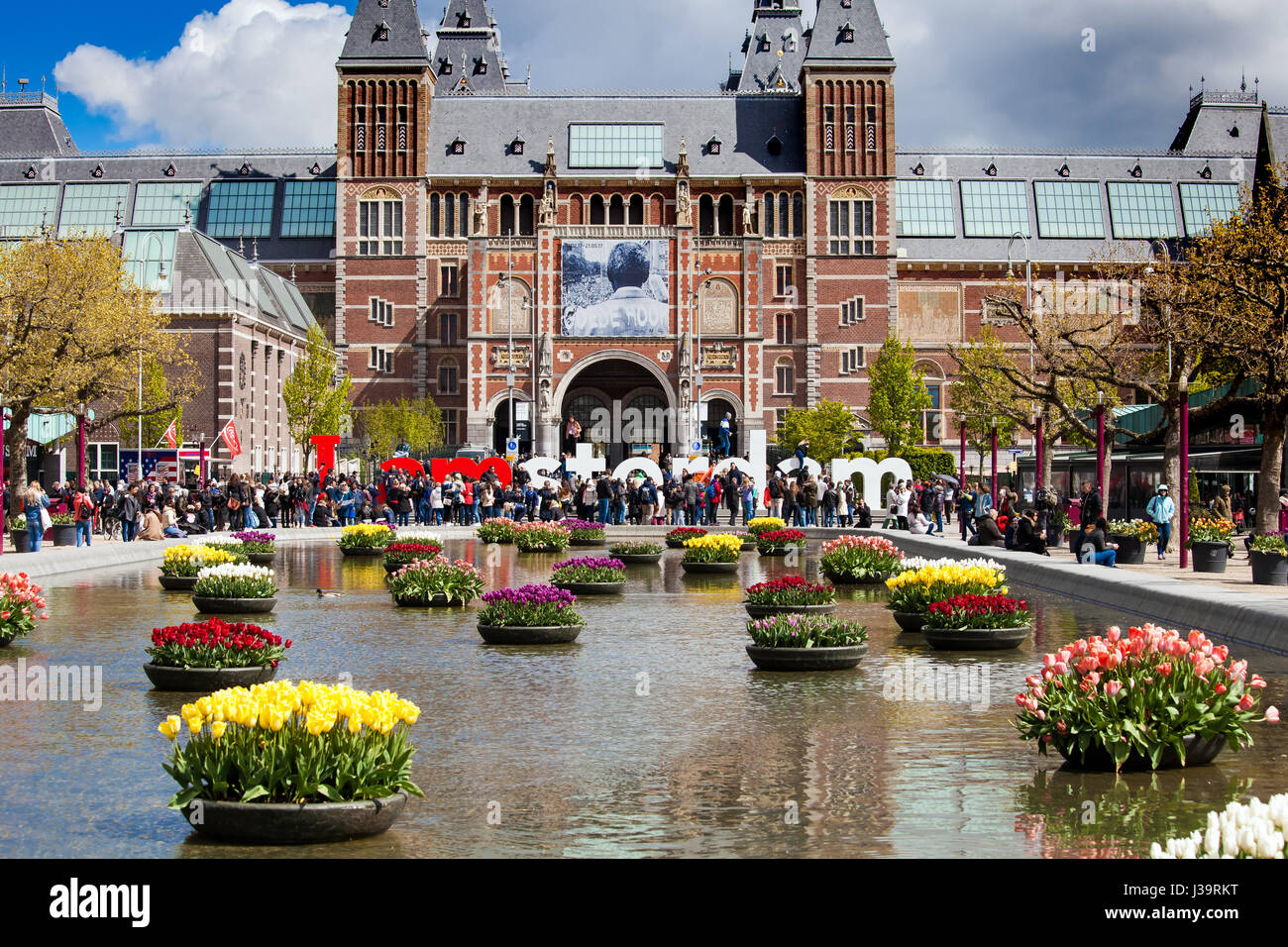 Rijksmuseum anzeigen mit Zeichen ich Amsterdam in der Stadt Amsterdam, Niederlande Stockfoto