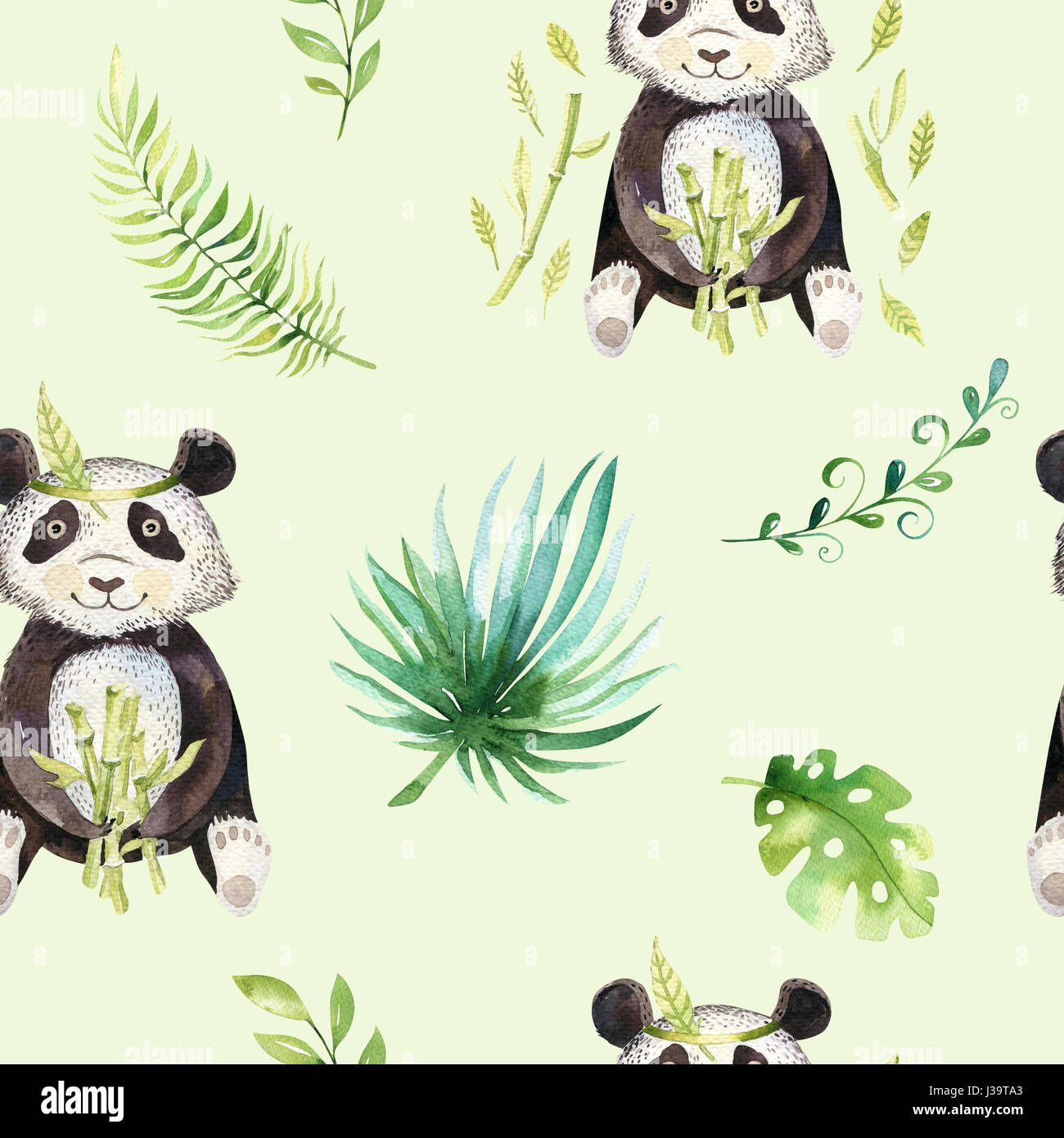 Baby Tiere Kindergarten isoliert Musterdesign. Aquarell Boho tropischen zeichnen, Kind tropischen Zeichnung niedlichen Panda und Palme, tropischen grünen Textur Abbildung Stockfoto