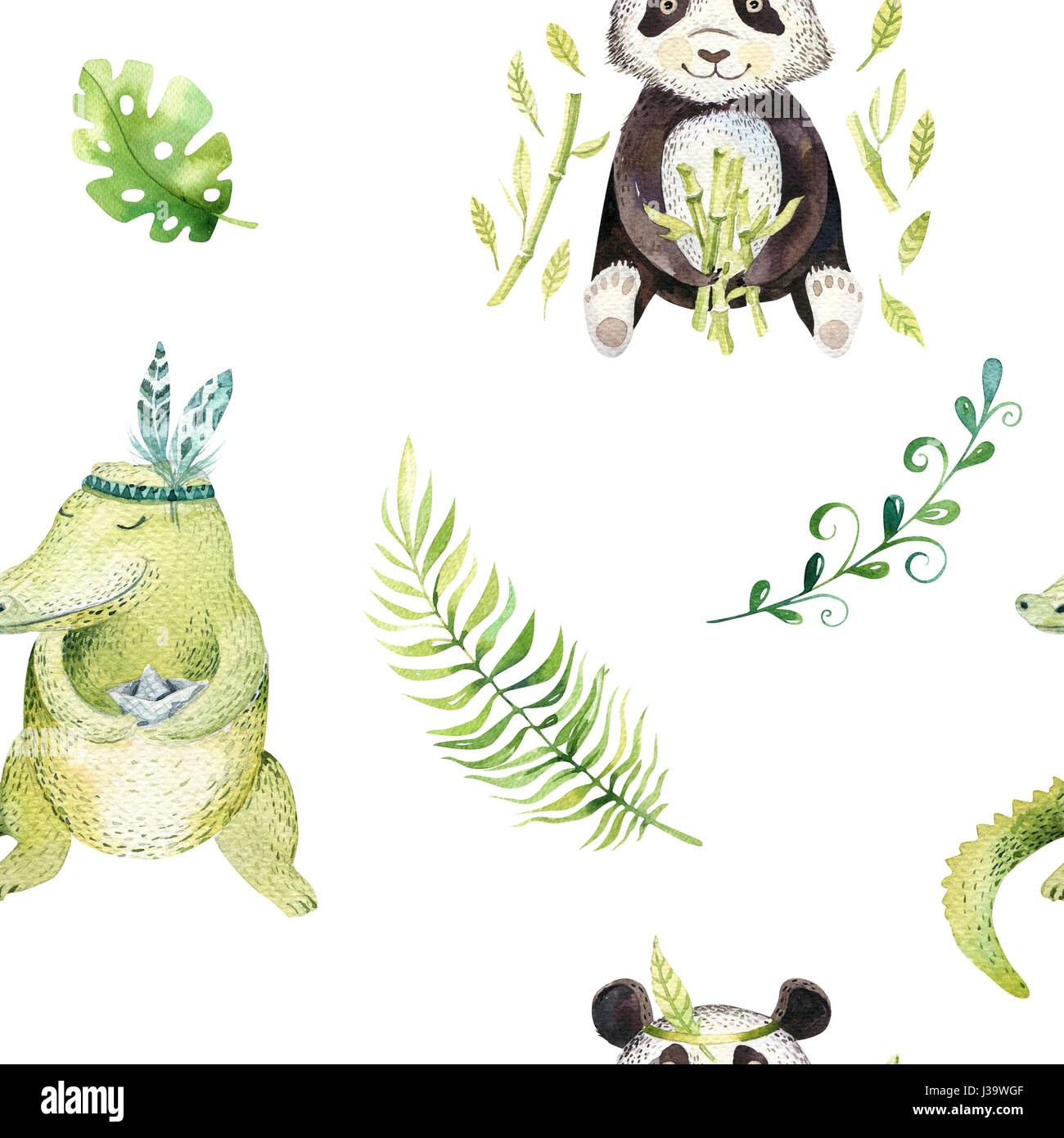 Baby Tiere Kindergarten isoliert Musterdesign. Aquarell Boho tropischen Zeichnung, Kind tropischen Zeichnung niedliche Krokodil und Panda, Tropic grün Stockfoto