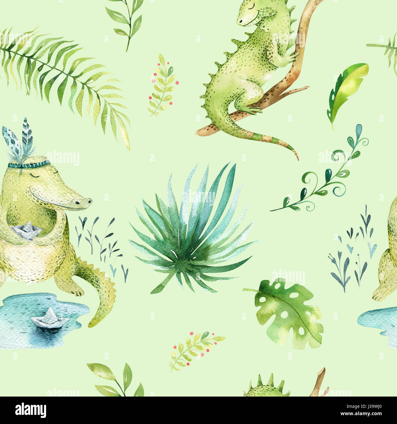Baby Tiere Kindergarten isoliert Musterdesign. Aquarell Boho tropischen Stoff zeichnen, Kind tropischen süß Leguan, Krokodil und Palm Tree, Alligator tropischen grünen Textur Illustration Zeichnung Stockfoto