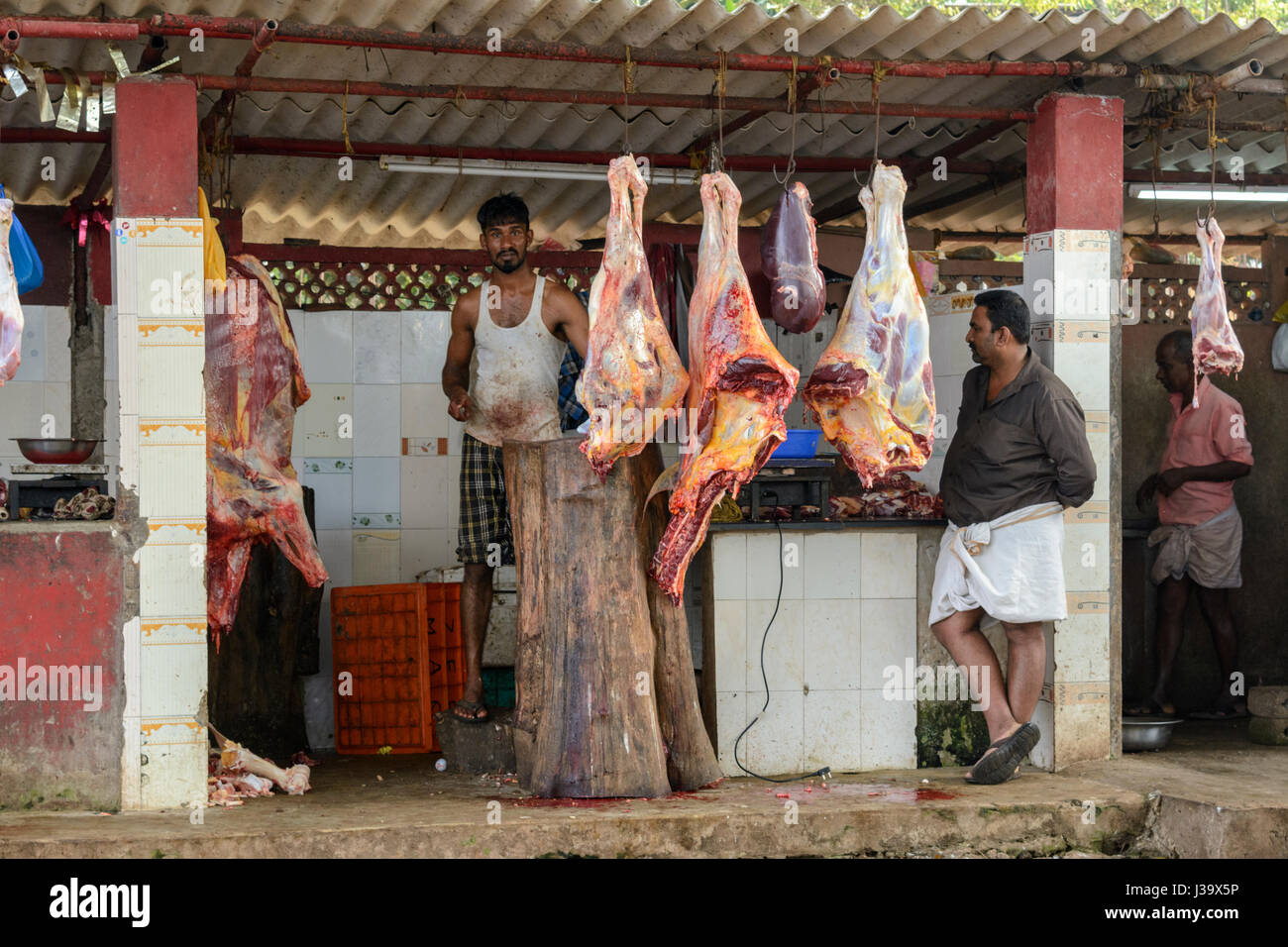 Fleischmarkt in Thalassery (Tellicherry), Kannur Bezirk (Cannanore), Kerala, Süd-Indien, Südasien Stockfoto