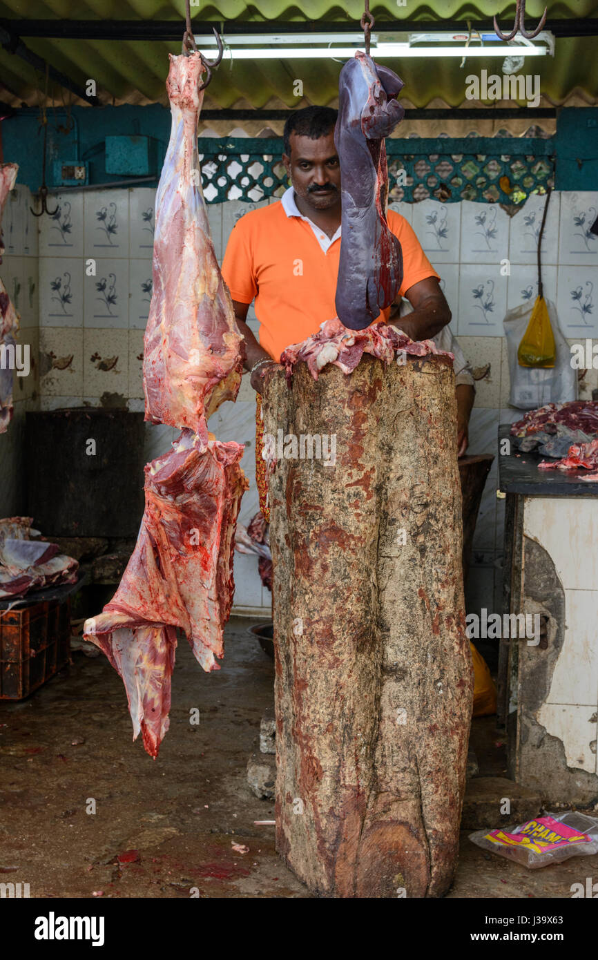 Fleischmarkt in Thalassery (Tellicherry), Kannur Bezirk (Cannanore), Kerala, Süd-Indien, Südasien Stockfoto