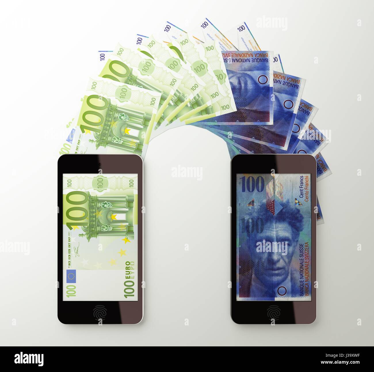 Internationalen mobilen Geldtransfer mit Smartphone, Euro, Schweizer Franken. 3D gerenderte Darstellung. Stockfoto