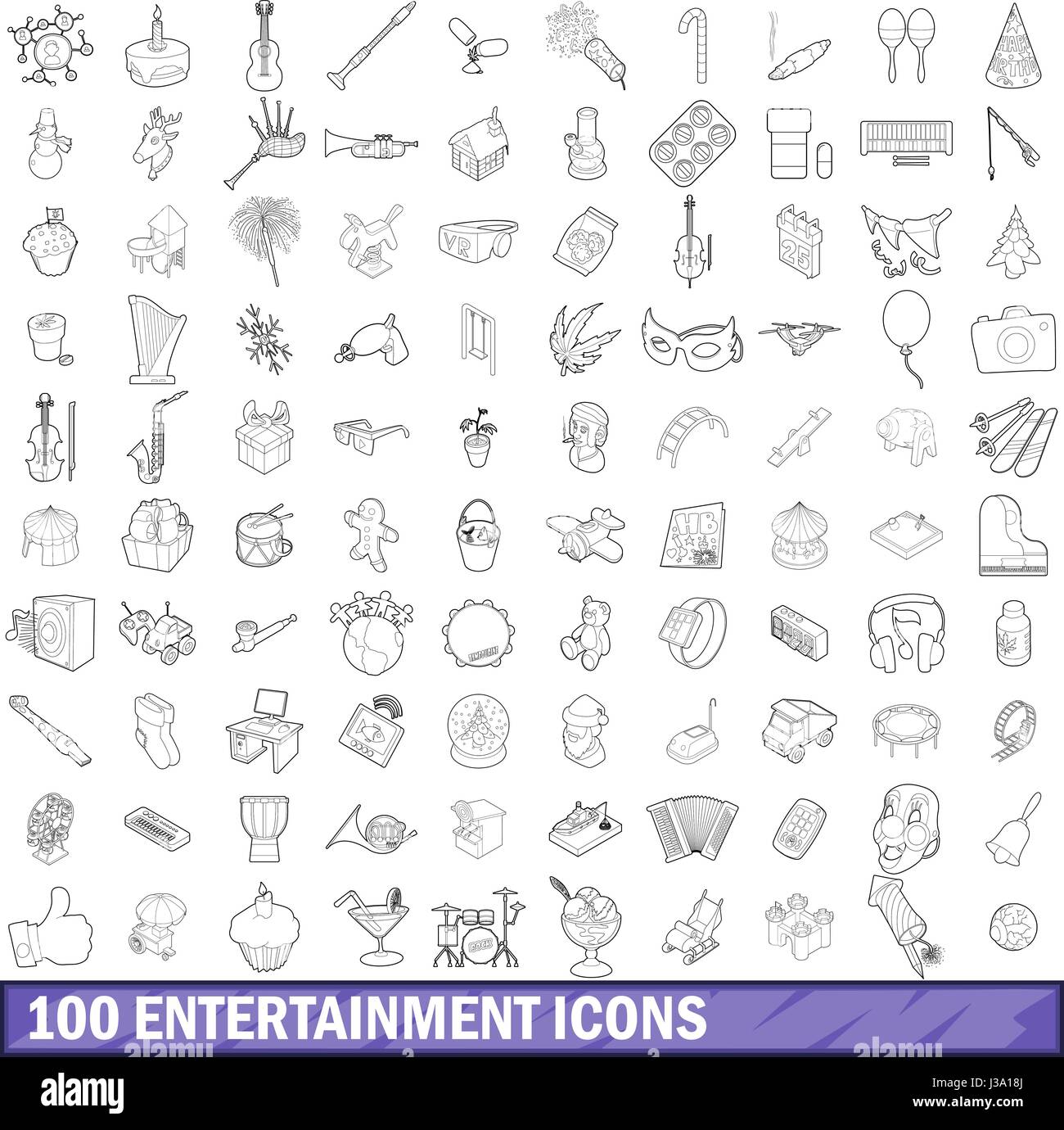 100 Unterhaltung Icons Set, Umriss-Stil Stock Vektor