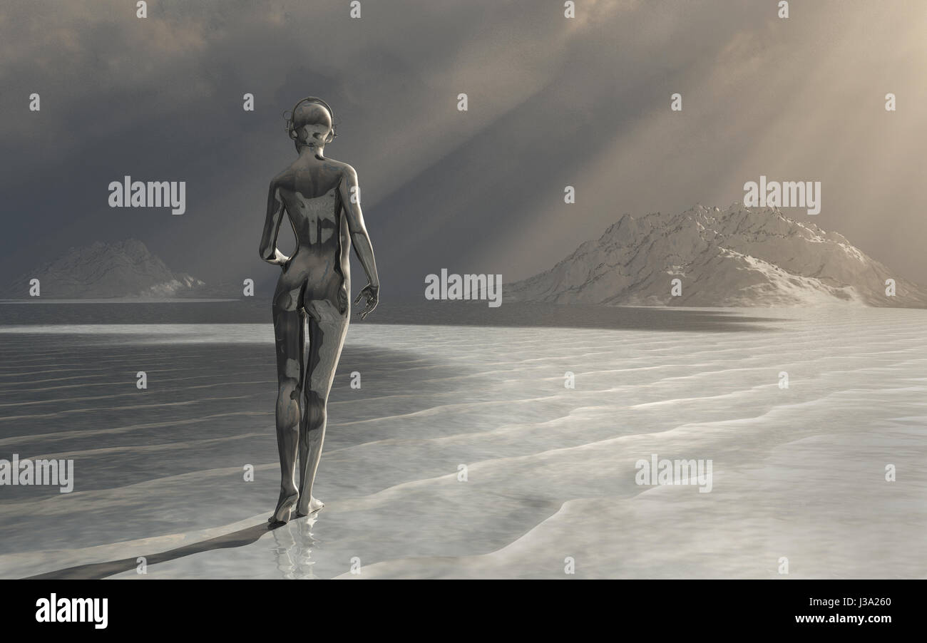 Walking On Water ist ein 3D SciFi-Konzeptbild. Stockfoto