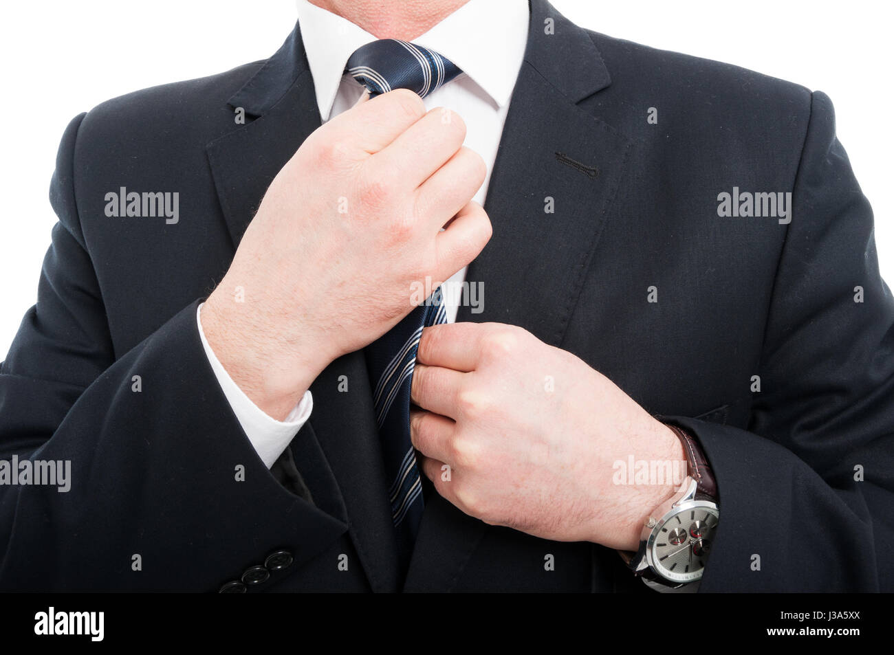 Nahaufnahme des eleganten Mann seine Krawatte, Anzug isoliert auf weißem Hintergrund mit textfreiraum Text anpassen Stockfoto