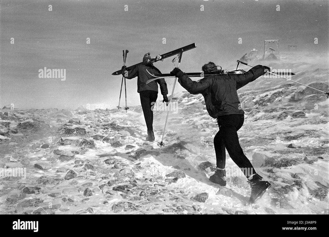 Skifahrer mit ihrer Ausrüstung am Mölltal Gletscher, 1962 Stockfoto