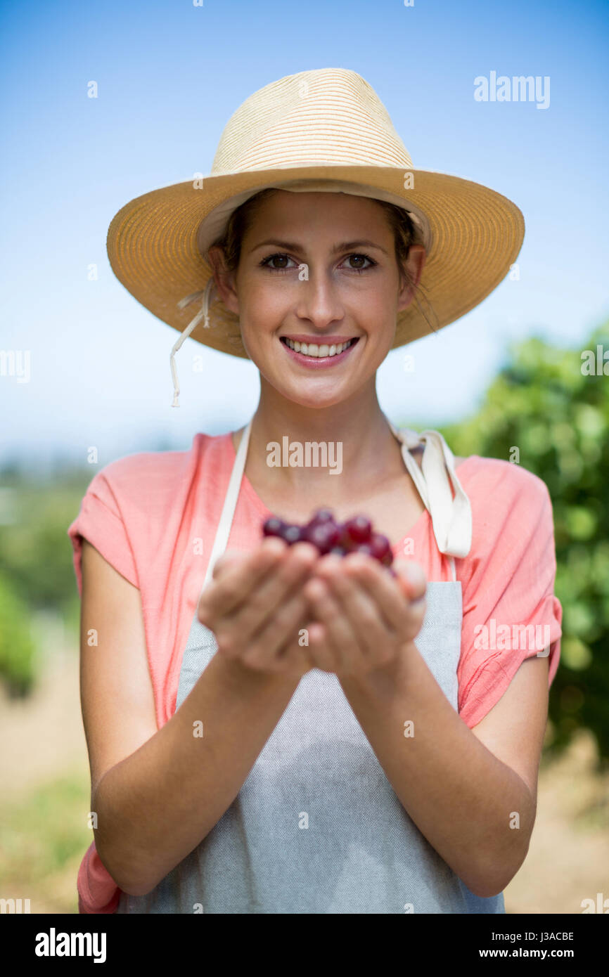 Porträt des Lächelns Bäuerin Holding rote Trauben im Weinberg Stockfoto