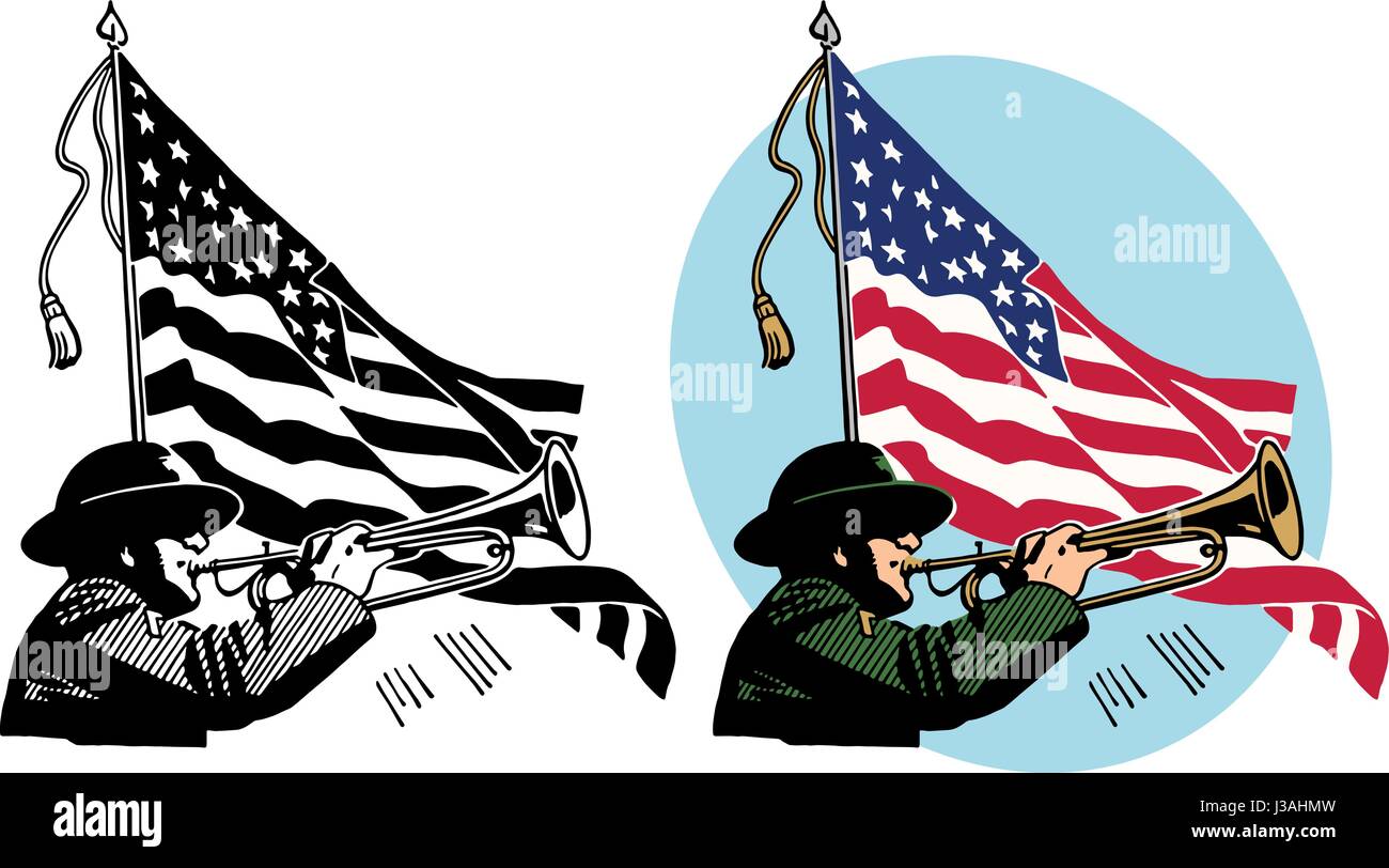 Ein Armee-Signalhorn-Spieler spielt ein Lied vor einer wehenden amerikanischen Flagge Stock Vektor