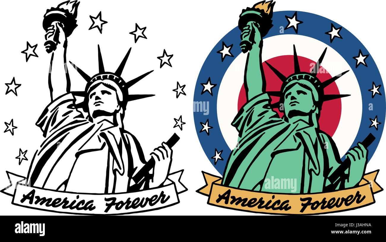 Ein Grafik-Symbol der Statue of Liberty mit einem Banner, die Amerika für immer lesen Stock Vektor