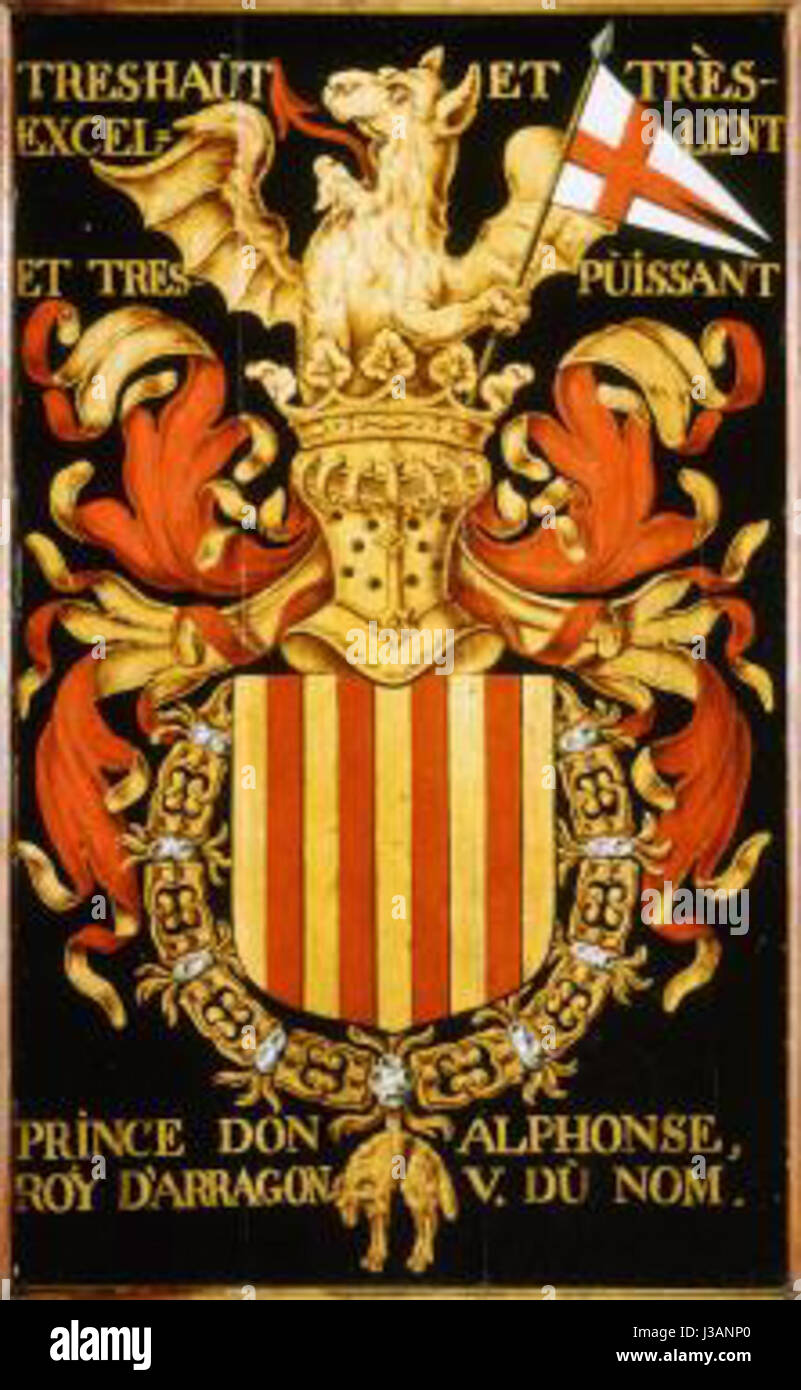 Der Escut de Alfons V ist ein historisches Wappen, das mit König Alfons V. von Aragonien assoziiert ist und das königliche Wappen und Symbole der mittelalterlichen spanischen Monarchie darstellt. Stockfoto