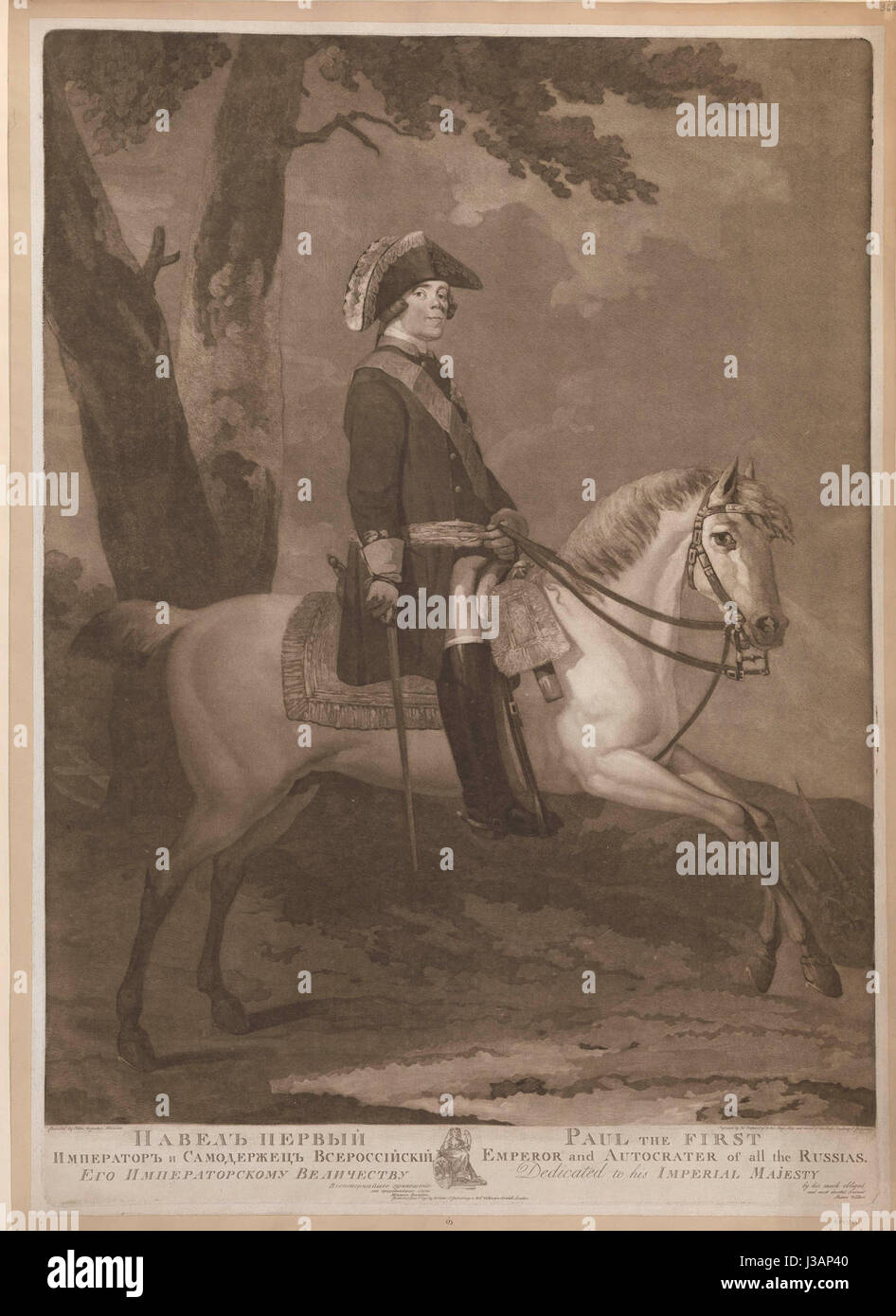 Dieses Reiterporträt des russischen Zaren Paul I., das nach dem Entwurf von J.A. Atkinsonâ 1797 erstellt wurde, fängt den russischen Monarchen in vollen militärischen Regalien ein. Es dient als bedeutende künstlerische Darstellung der russischen kaiserlichen Autorität im späten 18. Jahrhundert. Stockfoto