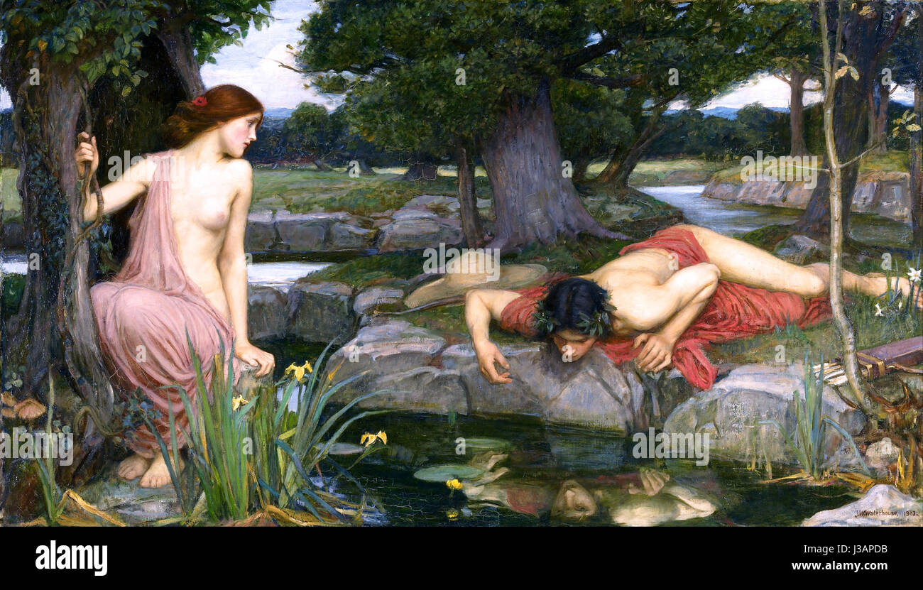 Echo und Narcissus, gemalt von John William Waterhouse, veranschaulicht den tragischen griechischen Mythos, in dem Narcissus sich in sein eigenes Spiegelbild verliebt, während Echo dazu verdammt ist, seine Worte zu wiederholen. Das Gemälde fängt die ergreifende Schönheit dieser mythologischen Geschichte ein. Stockfoto Echo und Narcissus, gemalt von John William Waterhouse, veranschaulicht den tragischen griechischen Mythos, in dem Narcissus sich in sein eigenes Spiegelbild verliebt, während Echo dazu verdammt ist, seine Worte zu wiederholen. Das Gemälde fängt die ergreifende Schönheit dieser mythologischen Geschichte ein. Stockfoto