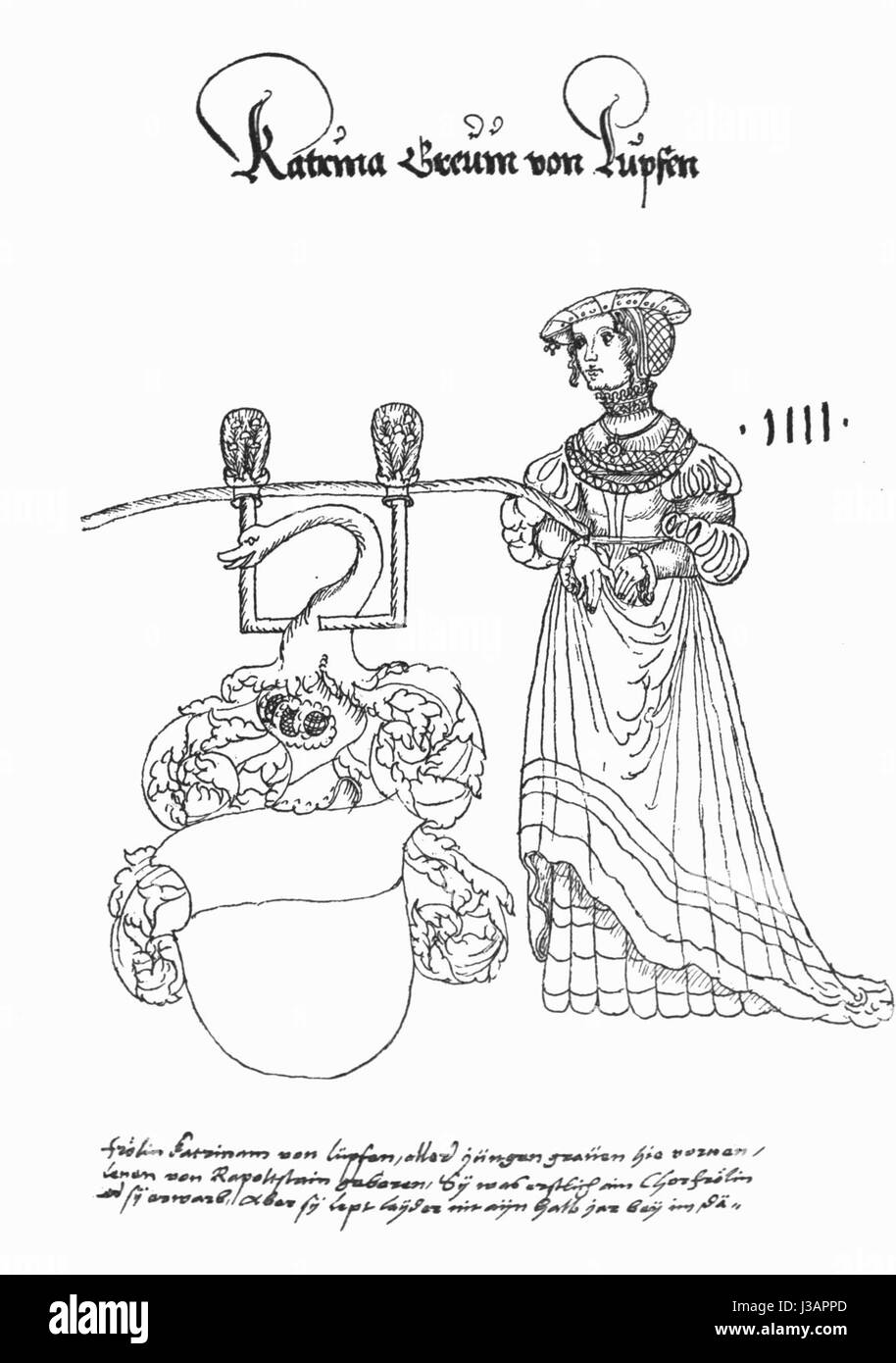Katharina von Lupfen war eine bemerkenswerte historische Persönlichkeit, bekannt für ihre Beteiligung an der europäischen Politik und ihre Verbindungen zur mittelalterlichen Aristokratie. Ihr Vermächtnis ist mit der europäischen politischen Geschichte des Mittelalters verbunden. Stockfoto