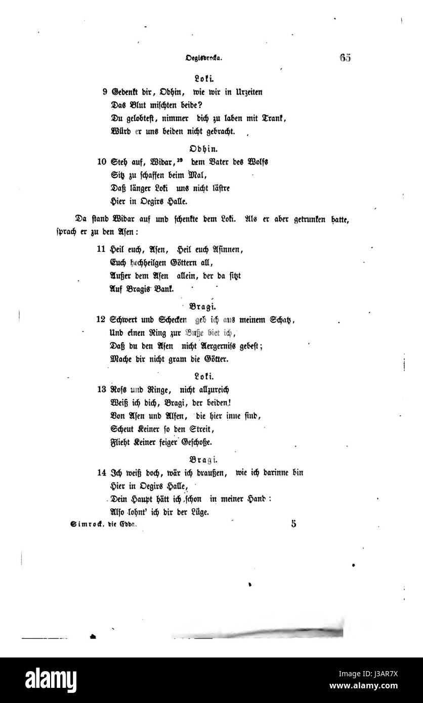 Eine Seite aus „die Edda“, einem wichtigen Werk der nordischen Mythologie und Poesie, zeigt einen bestimmten Abschnitt oder eine Interpretation seiner antiken Texte. Stockfoto