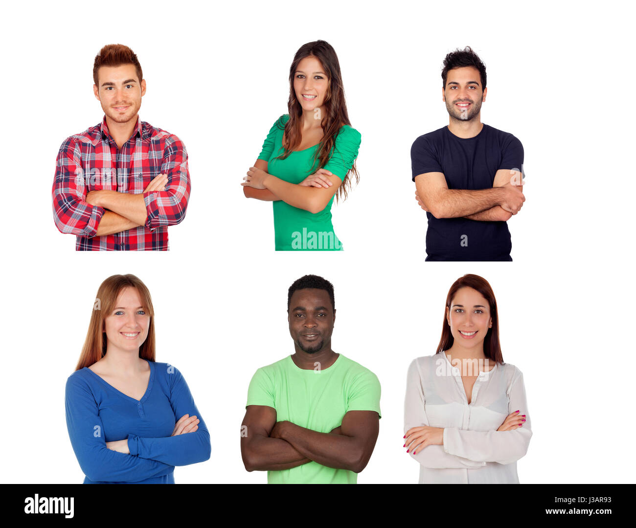 Sechs verschiedenen Erwachsenen Personen isoliert auf weißem Hintergrund Stockfoto