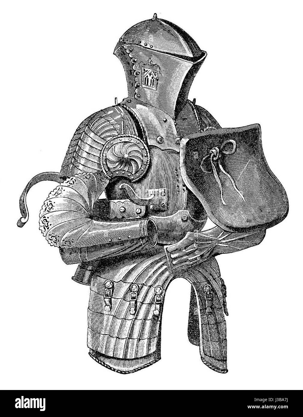 Das Deutsche Stechzeug Maximilians I. ist eine historische Waffensammlung im Artilleriemuseum in Wien. Die Sammlung umfasst Rüstungen und Waffen, die während der Regierungszeit Maximilians I. verwendet wurden und die frühe militärische Technologie zeigen. Stockfoto