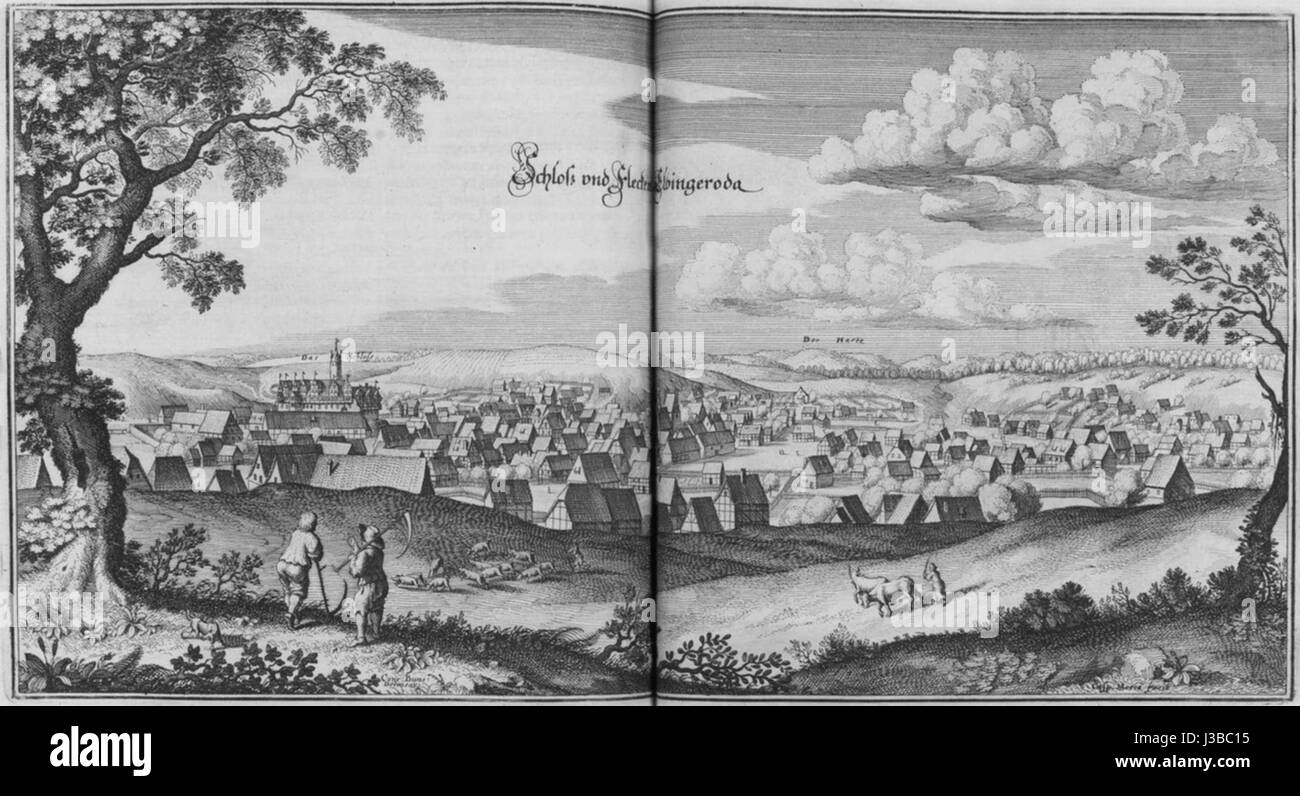 Eine Darstellung von Elbingeroda, dargestellt von Matthäus Merian, bietet eine historische Perspektive auf das Erscheinungsbild der Stadt. Stockfoto