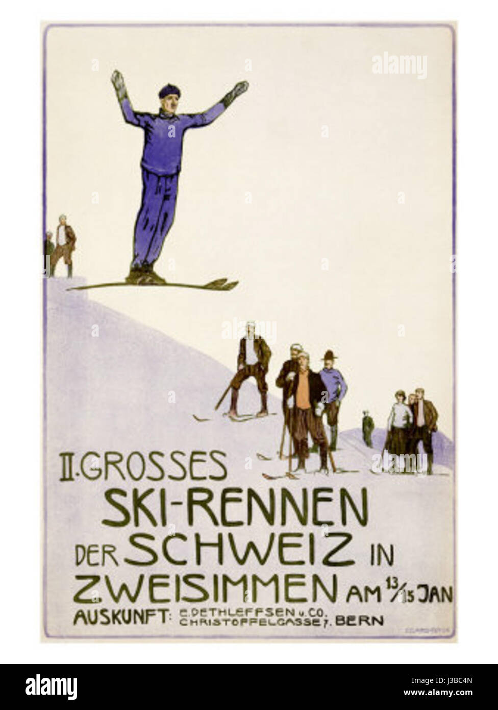„Rennen der Schweiz“ von Emil Cardinaux stellt ein Schweizer Skirennen dar, das die Dynamik und Bewegung des Wintersports in der Schweiz einfängt. Das Stück hebt alpine Landschaften und sportliche Wettkämpfe hervor. Stockfoto